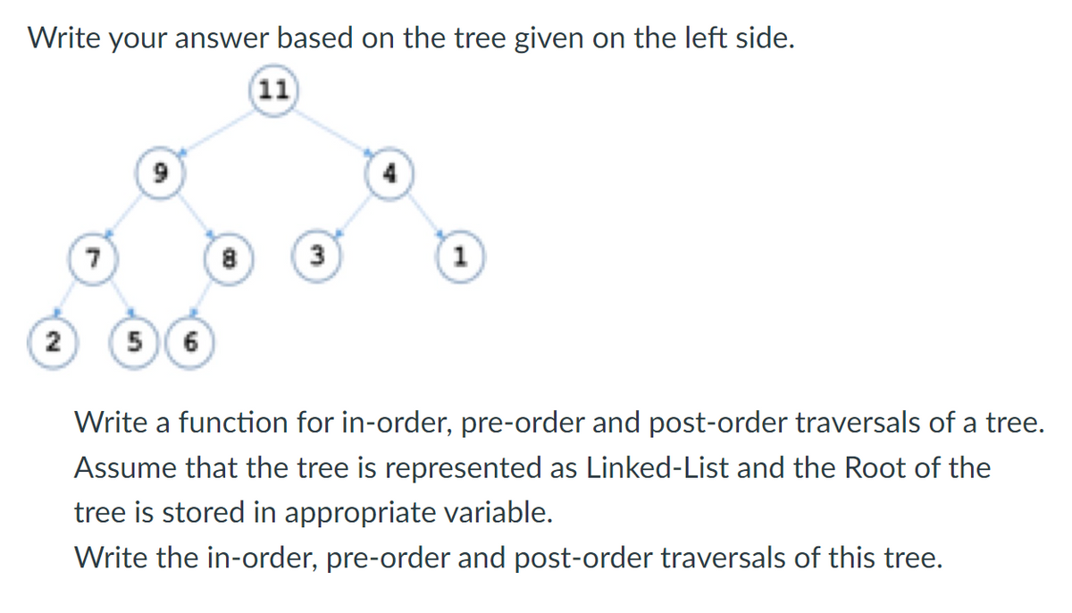 Write your answer based on the tree given on the left side.
(11)
2
7
5 6
8
3
1
Write a function for in-order, pre-order and post-order traversals of a tree.
Assume that the tree is represented as Linked-List and the Root of the
tree is stored in appropriate variable.
Write the in-order, pre-order and post-order traversals of this tree.