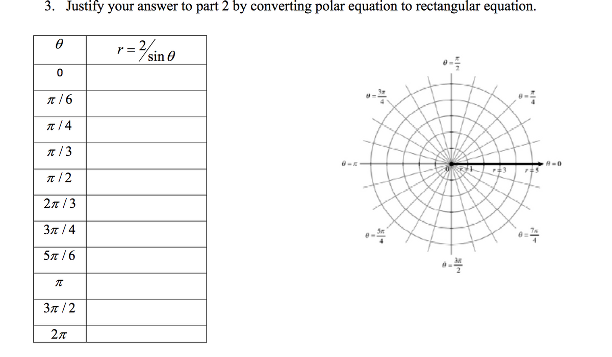 3. Justify your answer to part 2 by converting polar equation to rectangular equation.
r =
t /6
T / 4
T / 3
n/2
A-0
2π/ 3
3π/4
5π/6
3π/2
kle
