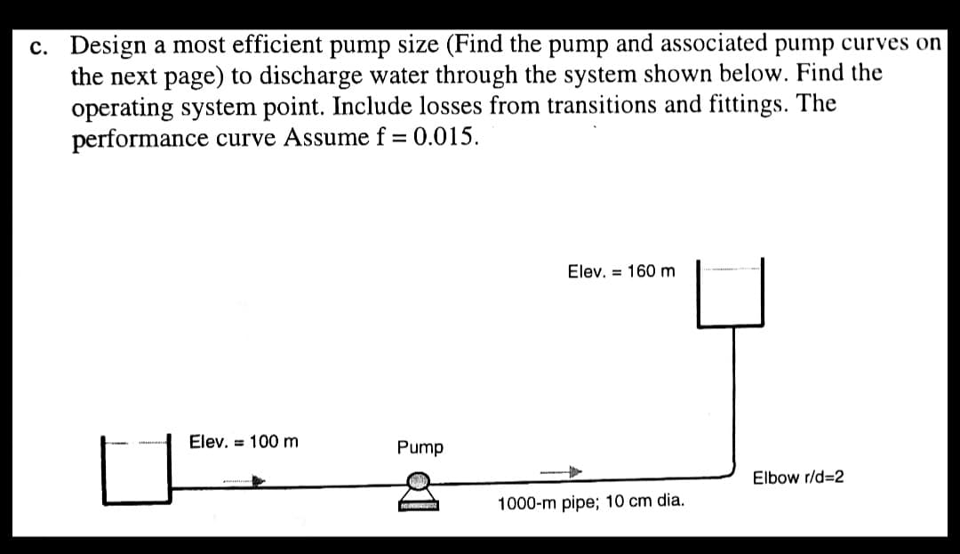 c. Design a most efficient pump size (Find the pump and associated pump curves on
the next page) to discharge water through the system shown below. Find the
operating system point. Include losses from transitions and fittings. The
performance curve Assume f = 0.015.
Elev. = 160 m
Elev. = 100 m
Pump
Elbow r/d=2
1000-m pipe; 10 cm dia.

