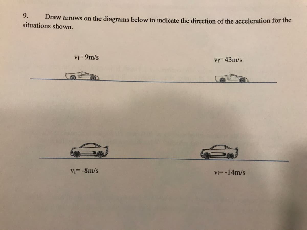 9.
Draw arrows on the diagrams below to indicate the direction of the acceleration for the
situations shown.
Vi- 9m/s
VF 43m/s
VF-8m/s
VF-14m/s
