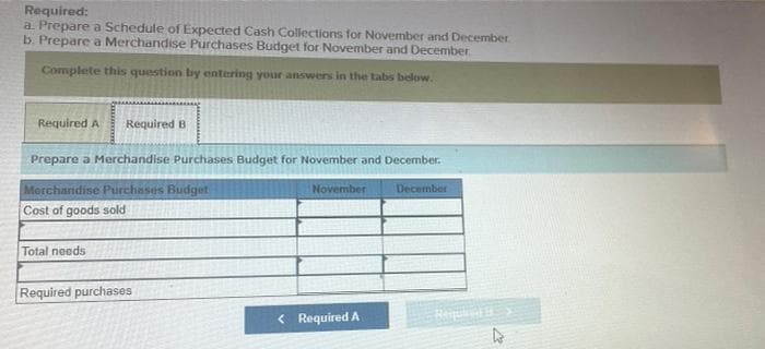 Required:
a. Prepare a Schedule of Expected Cash Collections for November and December
b. Prepare a Merchandise Purchases Budget for November and December
Complete this question by entering your answers in the tabs below.
Required A
Required B
Prepare a Merchandise Purchases Budget for November and December.
Merchandise Purchases Budget
Cost of goods sold
November
December
Total needs
Required purchases
< Required A
