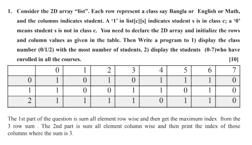 1. Consider the 2D array "lisť". Each row represent a class say Bangla or English or Math,
and the columns indicates student. A '1' in list|c][s] indicates student s is in class c; a '0
means student s is not in class c. You need to declare the 2D array and initialize the rows
and column values as given in the table. Then Write a program to 1) display the class
number (0/1/2) with the most number of students. 2) display the students (0-7)who have
enrolled in all the courses.
[10]
1
3
4
5
6.
7
1
1
1
1
1
1
1
1
1
1
2
1
1
1
1
1
1
The 1st part of the question is sum all element row wise and then get the maximum index from the
3 row sum . The 2nd part is sum all element column wise and then print the index of those
columns where the sum is 3.

