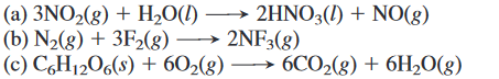(a) 3NO2(g) + H,O(1)
(b) N½(g) + 3F2(8)
(c) C,H12O6(s) + 602(g)
2HNO3(l) + NO(g)
→ 2NF3(8)
6CO2(8) + 6H2O(g)
