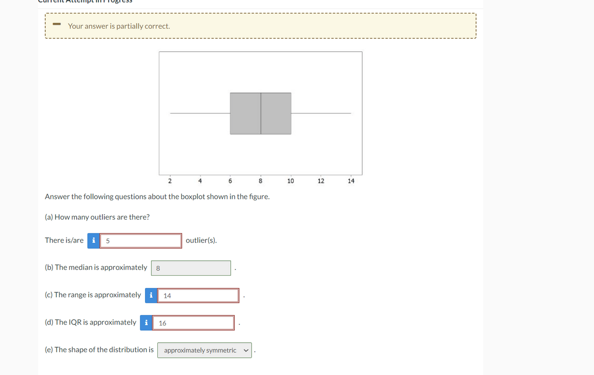 Your answer is partially correct.
There is/are i 5
(b) The median is approximately
Answer the following questions about the boxplot shown in the figure.
(a) How many outliers are there?
8
2
(c) The range is approximately i 14
(d) The IQR is approximately i 16
6
outlier(s).
8
(e) The shape of the distribution is approximately symmetric
10
12
14