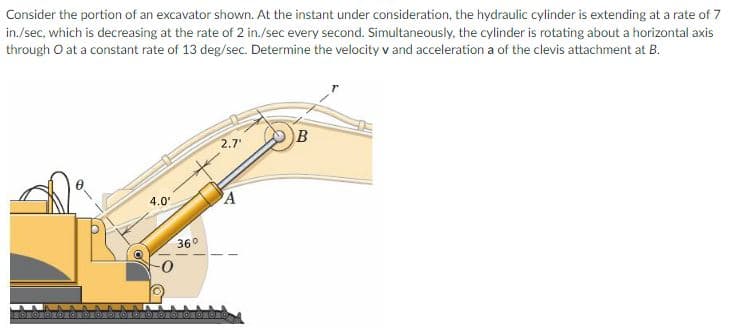 Consider the portion of an excavator shown. At the instant under consideration, the hydraulic cylinder is extending at a rate of 7
in./sec, which is decreasing at the rate of 2 in./sec every second. Simultaneously, the cylinder is rotating about a horizontal axis
through O at a constant rate of 13 deg/sec. Determine the velocity v and acceleration a of the clevis attachment at B.
2.7
B
4.0
A
36°
