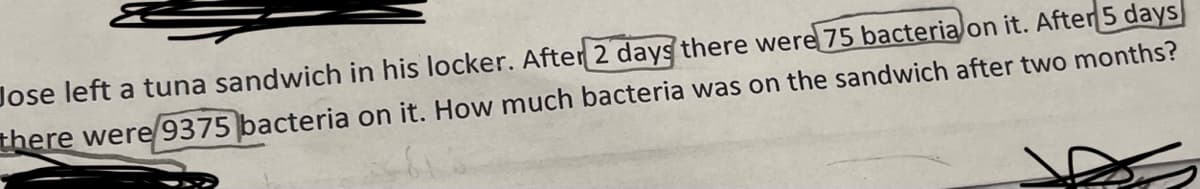 Jose left a tuna sandwich in his locker. After 2 days there were 75 bacteria on it. After 5 days
there were/9375 bacteria on it. How much bacteria was on the sandwich after two months?
