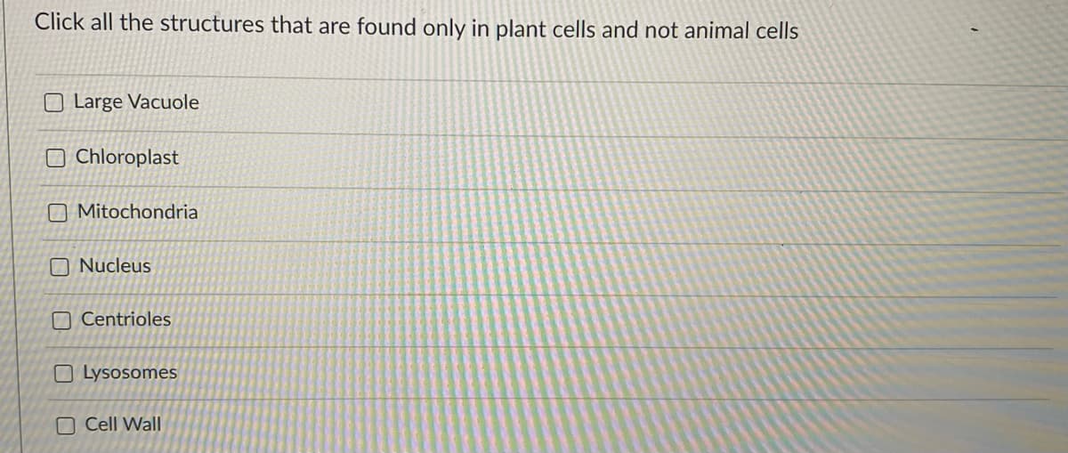 Click all the structures that are found only in plant cells and not animal cells
O Large Vacuole
O Chloroplast
O Mitochondria
O Nucleus
O Centrioles
O Lysosomes
O Cell Wall
