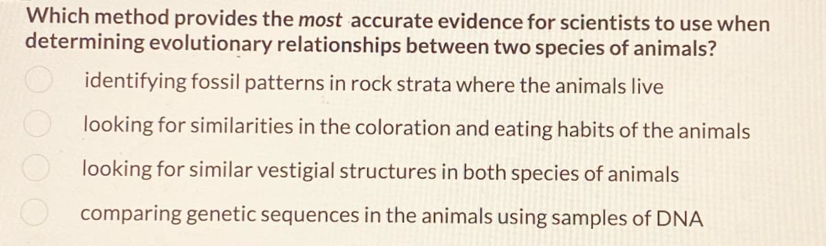 Which method provides the most accurate evidence for scientists to use when
determining evolutionary relationships between two species of animals?
identifying fossil patterns in rock strata where the animals live
looking for similarities in the coloration and eating habits of the animals
looking for similar vestigial structures in both species of animals
comparing genetic sequences in the animals using samples of DNA
0000.