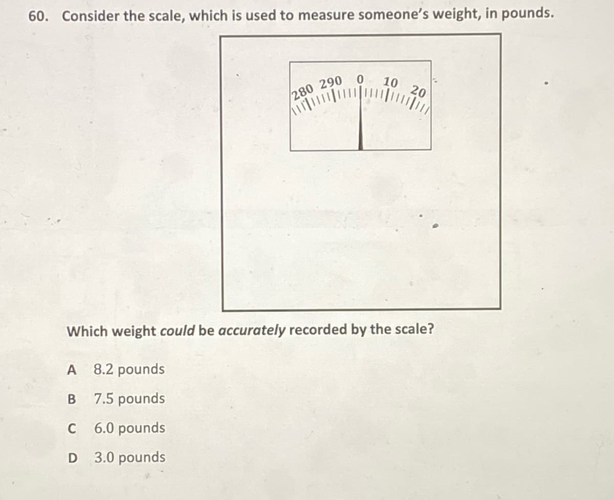 60. Consider the scale, which is used to measure someone's weight, in pounds.
10
20
280 290
Which weight could be accurately recorded by the scale?
8.2 pounds
7.5 pounds
C 6.0 pounds
D 3.0 pounds
