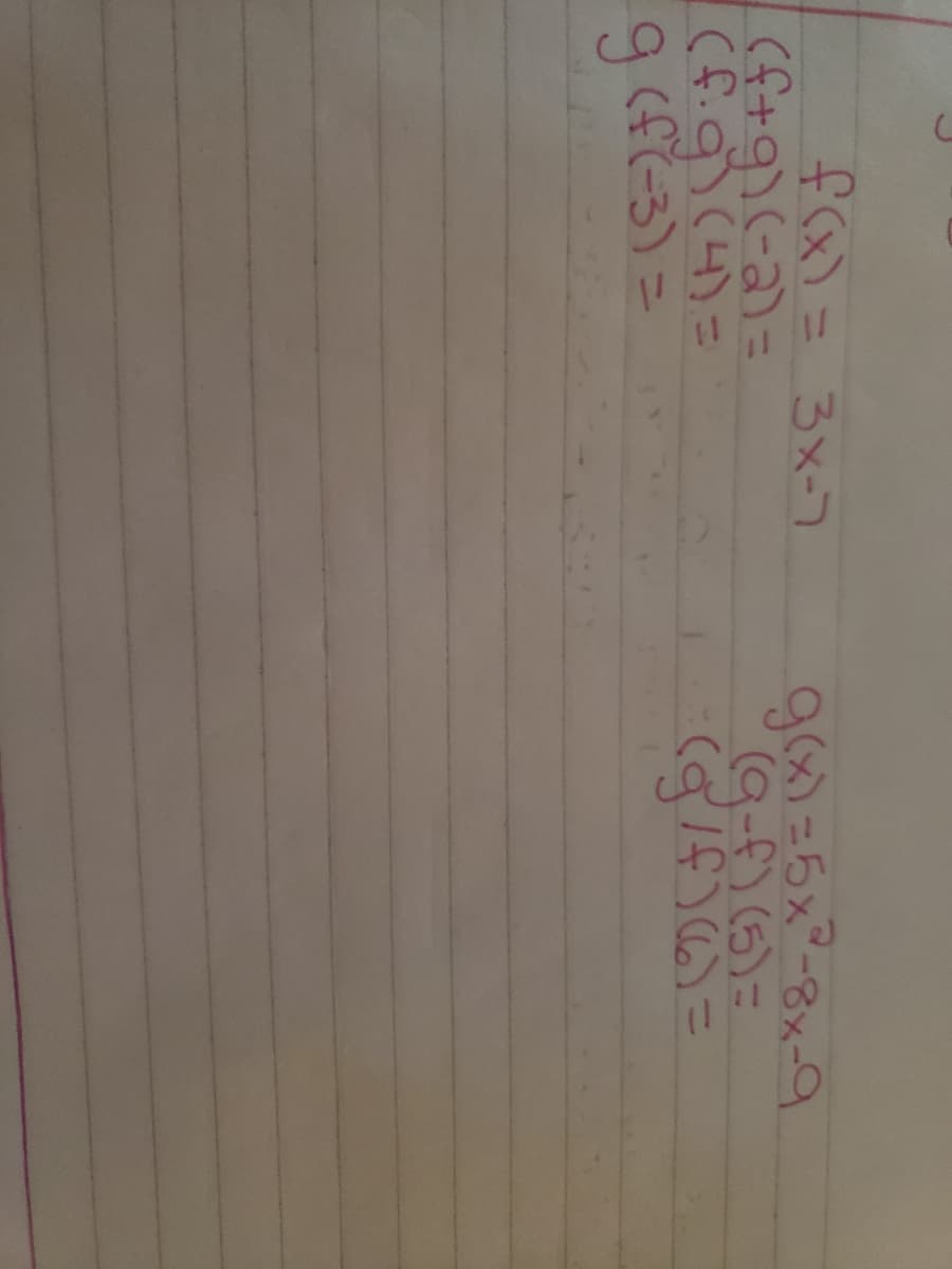 f(x)= 3x-7
Eピー15+5)
g (f(-3) =
