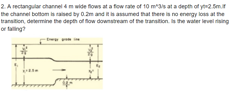 2. A rectangular channel 4 m wide flows at a flow rate of 10 m^3/s at a depth of yt=2.5m.If
the channel bottom is raised by 0.2m and it is assumed that there is no energy loss at the
transition, determine the depth of flow downstream of the transition. Is the water level rising
or falling?
- Energy grade line
2.5 m
02
