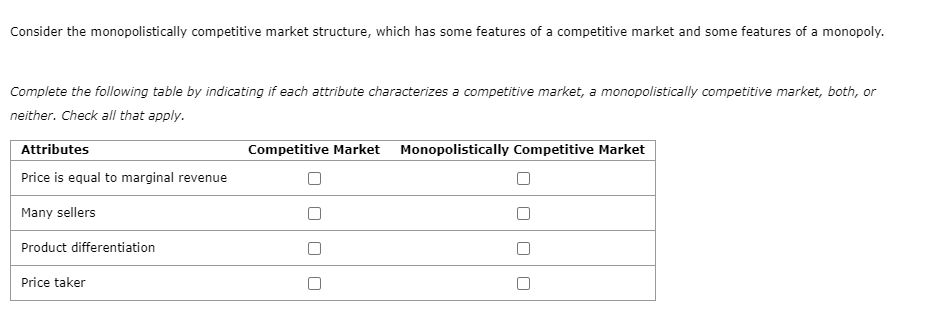 Consider the monopolistically competitive market structure, which has some features of a competitive market and some features of a monopoly.
Complete the following table by indicating if each attribute characterizes a competitive market, a monopolistically competitive market, both, or
neither. Check all that apply.
Attributes
Competitive Market Monopolistically Competitive Market
Price is equal to marginal revenue
Many sellers
Product differentiation
Price taker
