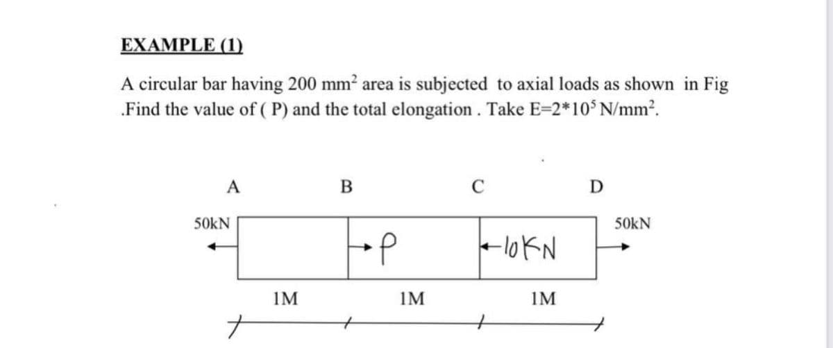 EXAMPLE (1)
A circular bar having 200 mm² area is subjected to axial loads as shown in Fig
.Find the value of ( P) and the total elongation . Take E=2*10$N/mm?.
A
B
C
D
50kN
50kN
- lokN
1M
1M
1M
