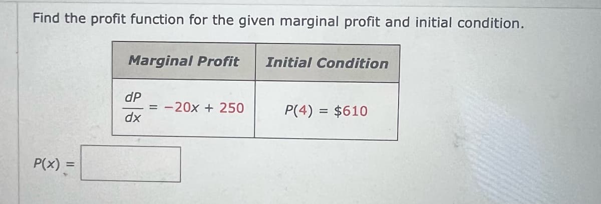 Find the profit function for the given marginal profit and initial condition.
P(x) =
Marginal Profit Initial Condition
dP
dx
= -20x + 250
P(4) = $610