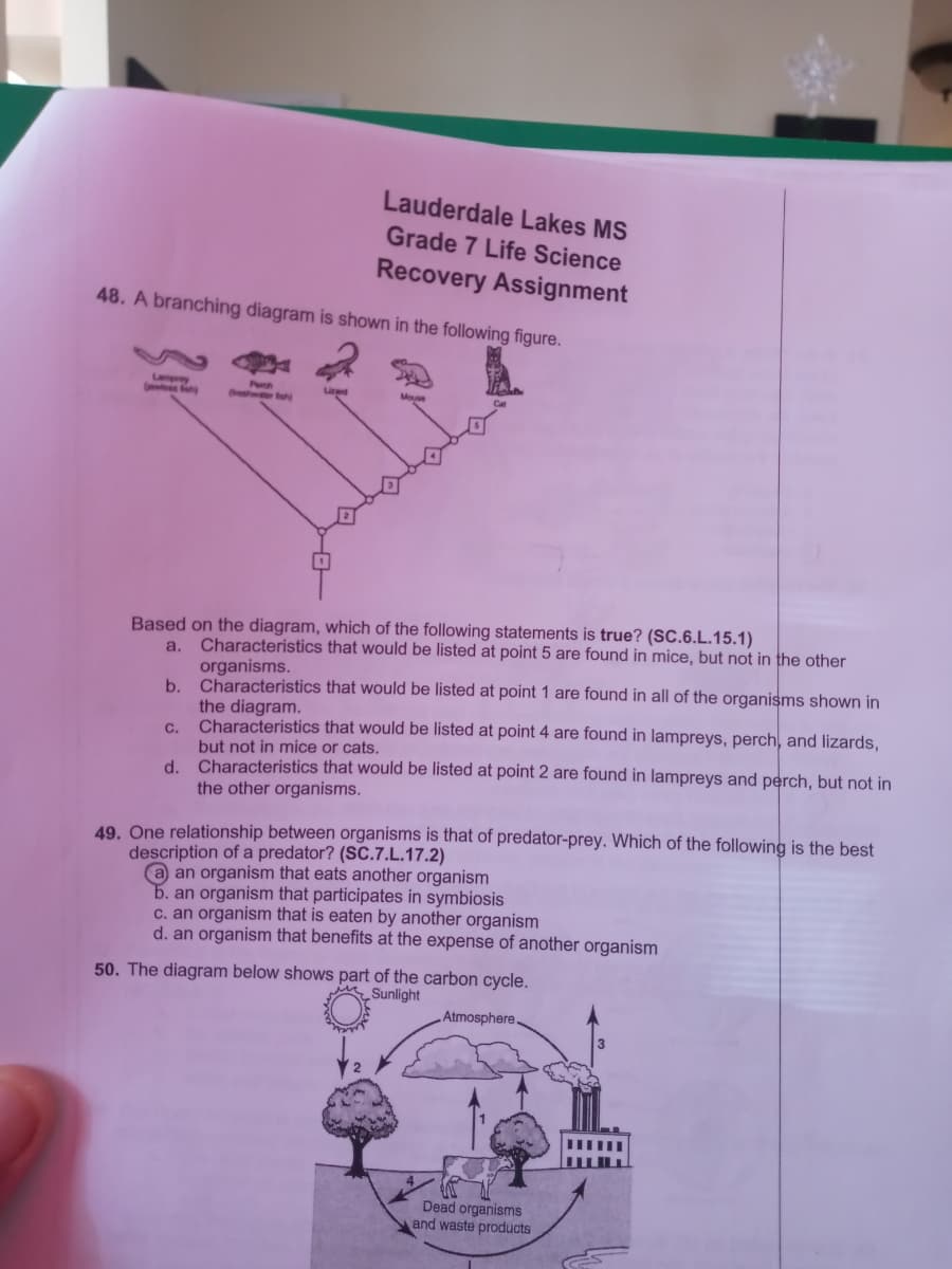 Lauderdale Lakes MS
Grade 7 Life Science
Recovery Assignment
48. A branching diagram is shown in the following figure.
Lamprey
Geetess u
Perch
reshwer foh
Lid
Based on the diagram, which of the following statements is true? (SC.6.L.15.1)
Characteristics that would be listed at point 5 are found in mice, but not in the other
organisms.
Characteristics that would be listed at point 1 are found in all of the organisms shown in
a.
b.
the diagram.
Characteristics that would be listed at point 4 are found in lampreys, perch, and lizards,
C.
but not in mice or cats.
d. Characteristics that would be listed at point 2 are found in lampreys and perch, but not in
the other organisms.
49. One relationship between organisms is that of predator-prey. Which of the following is the best
description of a predator? (SC.7.L.17.2)
a an organism that eats another organism
b. an organism that participates in symbiosis
c. an organism that is eaten by another organism
d. an organism that benefits at the expense of another organism
50. The diagram below shows part of the carbon cycle.
Sunlight
Atmosphere.
Dead organisms
and waste products

