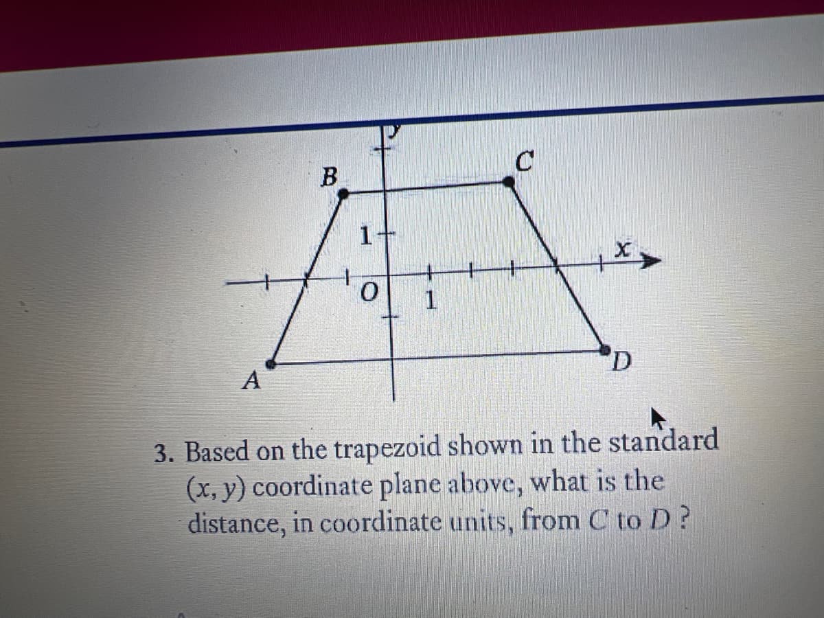 B
1+
D
A
3. Based on the trapezoid shown in the standard
(x, y) coordinate plane above, what is the
distance, in coordinate units, from C to D?
