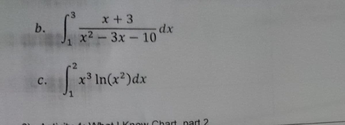 x +3
b.
dx
x2-3x-10 k
с.
x³ In(x²)dx
tIKnow Chart part 2
