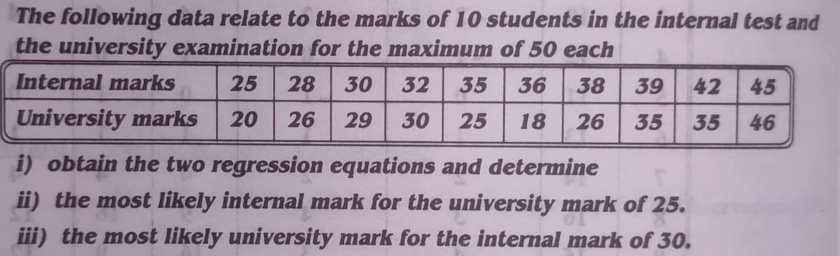 The following data relate to the marks of 10 students in the internal test and
the university examination for the maximum of 50 each
Internal marks
25
28
30
32
35
36
38
39
42
45
University marks
20
26
29
30
25
18
26
35
35
46
i) obtain the two regression equations and determine
ii) the most likely internal mark for the university mark of 25.
iii) the most likely university mark for the internal mark of 30.
