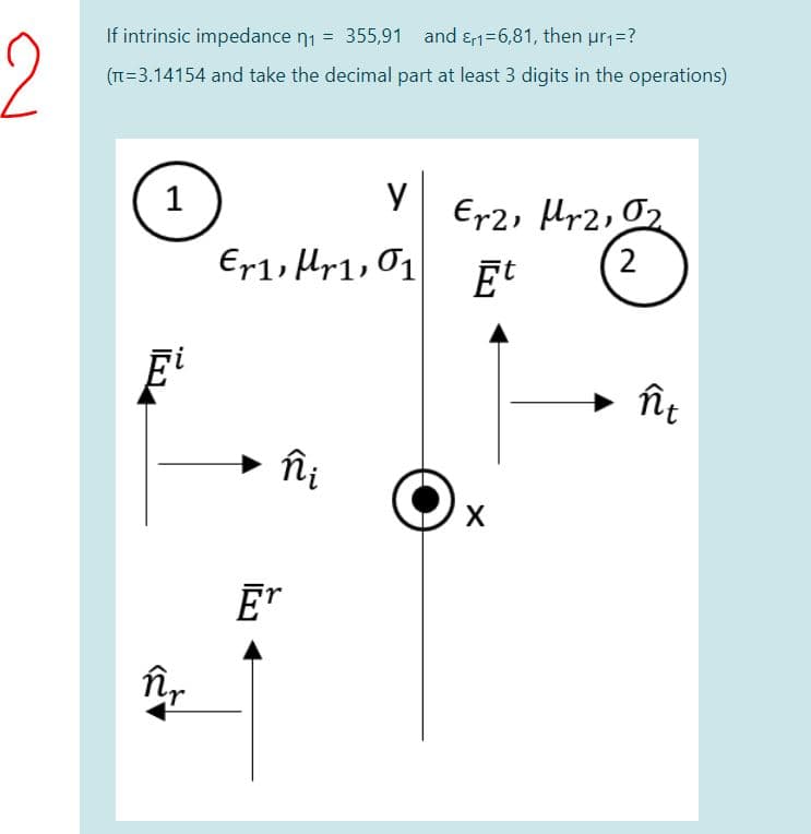 2
If intrinsic impedance n1 = 355,91 and ɛr1=6,81, then ur1=?
(TT=3.14154 and take the decimal part at least 3 digits in the operations)
1
y
Er2, Mr2, O2
Er1, fHy1, 01
2
Îi
