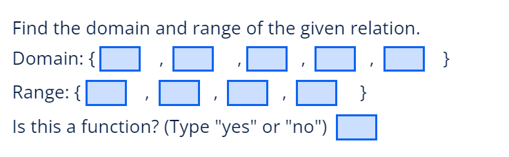 Find the domain and range of the given relation.
Domain: {
9.3.8.5
Range:{
Is this a function? (Type "yes" or "no")
}