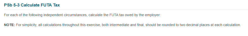 PSb 5-3 Calculate FUTA Tax
For each of the following independent circumstances, calculate the FUTA tax owed by the employer:
NO TE: For simplicity, all calculations throughout this exercise, both intermediate and final, should be rounded to two decimal places at each calculation.
