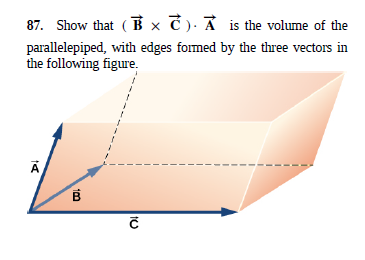 87. Show that ( B × ). A is the volume of the
parallelepiped, with edges formed by the three vectors in
the following figure.
B
