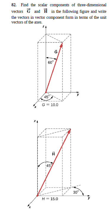 82. Find the scalar components of three-dimensional
vectors G and i in the following figure and write
the vectors in vector component form in terms of the unit
vectors of the axes.
60°
45°
G = 10.0
45
30°
H = 15.0
