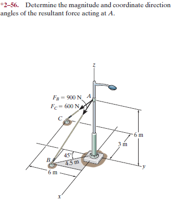 *2–56. Determine the magnitude and coordinate direction
angles of the resultant force acting at A.
= 900 N A
Fc= 600 N
FB
C.
45
B.
4.5 m
6 m
