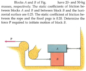 Blocks A and B of Fig.
have 20- and 50-kg
masses, respectively. The static coefficients of friction be-
tween blocks A and B and between block B and the hori-
zontal surface are 0.25. The static coefficient of friction be-
tween the rope and the fixed pegs is 0.20. Determine the
force P required to initiate motion of block B.
P
B

