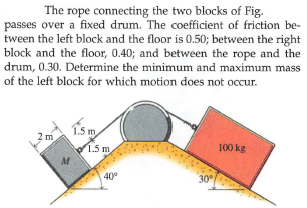 The rope connecting the two blocks of Fig.
passes over a fixed drum. The coefficient of friction be-
tween the left block and the floor is 0.50; between the right
block and the floor, 0.40; and between the rope and the
drum, 0.30. Determine the minimum and maximum mass
of the left block for which motion does not occur.
15 m
2 m
1.5 m
100 kg
40
30
