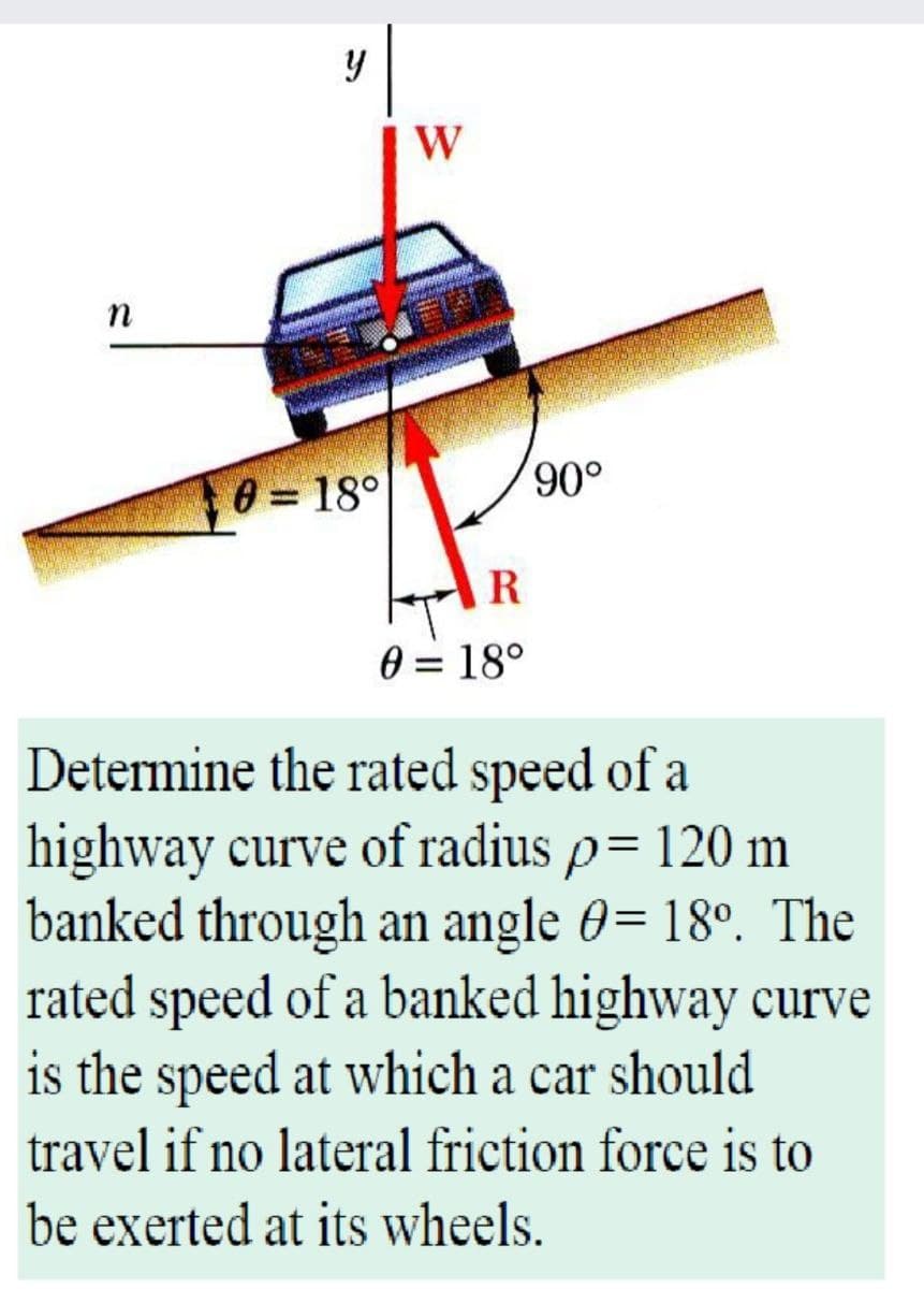 W
n
90°
0= 18°
R
0 = 18°
Determine the rated speed of a
highway curve of radius p= 120 m
banked through an angle 0= 18°. The
rated speed of a banked highway curve
is the speed at which a car should
%|
travel if no lateral friction force is to
be exerted at its wheels.
