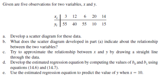 Given are five observations for two variables, x and y.
x;| 3 12 6 20 14
yi | 55 40 55 10 15
a. Develop a scatter diagram for these data.
b. What does the scatter diagram developed in part (a) indicate about the relationship
between the two variables?
c. Try to approximate the relationship between x and y by drawing a straight line
through the data.
d. Develop the estimated regression equation by computing the values of b, and b, using
equations (14.6) and (14.7).
e. Use the estimated regression equation to predict the value of y when x
= 10.
