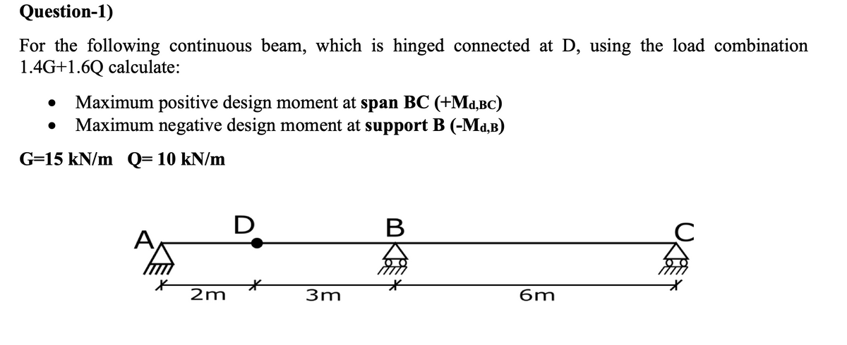 Question-1)
For the following continuous beam, which is hinged connected at D, using the load combination
1.4G+1.6Q calculate:
Maximum positive design moment at span BC (+Ma,BC)
Maximum negative design moment at support B (-Ma,B)
G=15 kN/m Q=10 kN/m
A,
2m
3m
6m
