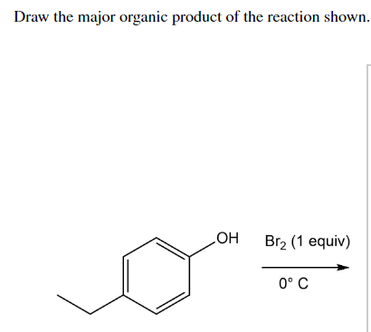 Draw the major organic product of the reaction shown.
OH
Br2 (1 equiv)
0° C
