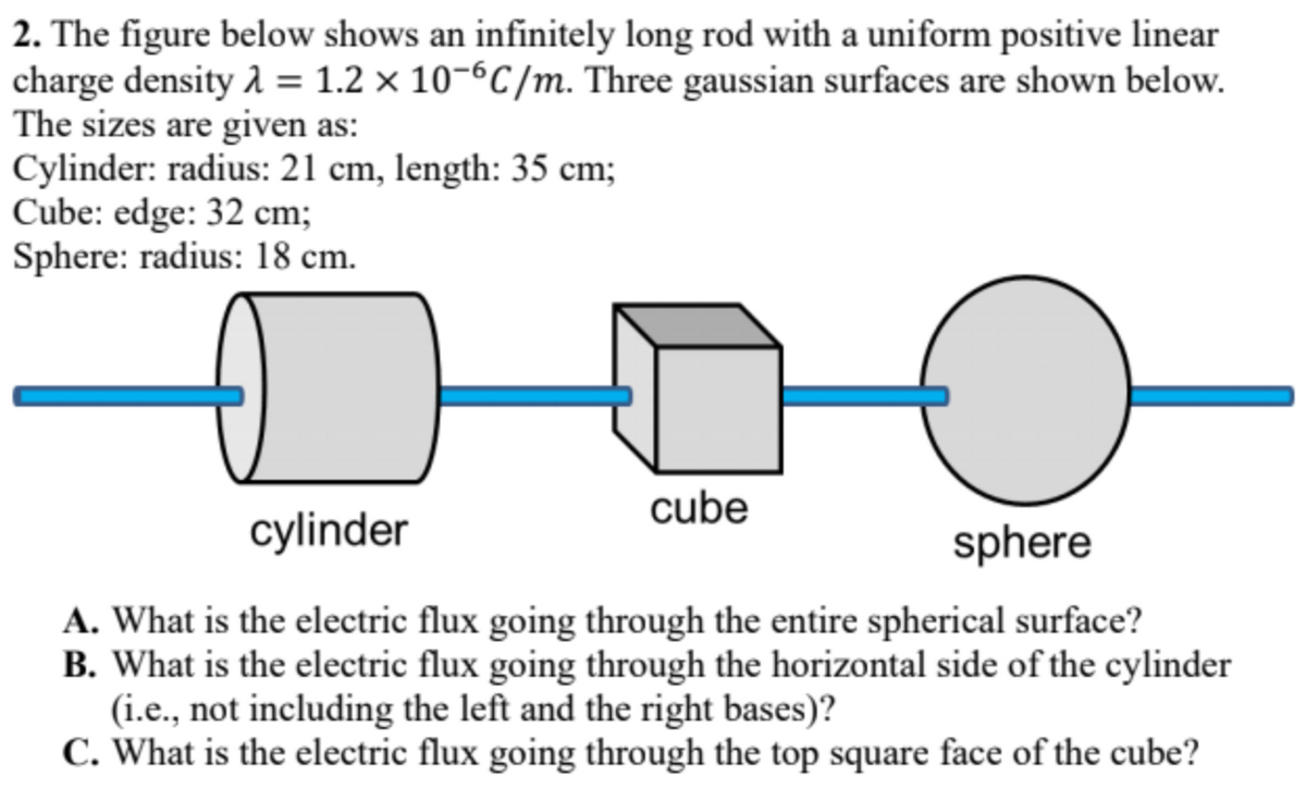 2. The figure below shows an infinitely long rod with a uniform positive linear
charge density 1 = 1.2 × 10-6C/m. Three gaussian surfaces are shown below.
The sizes are given as:
Cylinder: radius: 21 cm, length: 35 cm;
Cube: edge: 32 cm;
Sphere: radius: 18 cm.
cube
cylinder
sphere
A. What is the electric flux going through the entire spherical surface?
B. What is the electric flux going through the horizontal side of the cylinder
(i.e., not including the left and the right bases)?
C. What is the electric flux going through the top square face of the cube?
