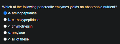 Which of the following pancreatic enzymes yields an absorbable nutrient?
O a. aminopeptidase
b.carboxypeptidase
. chymotrypsin
d. amylase
e. all of these
