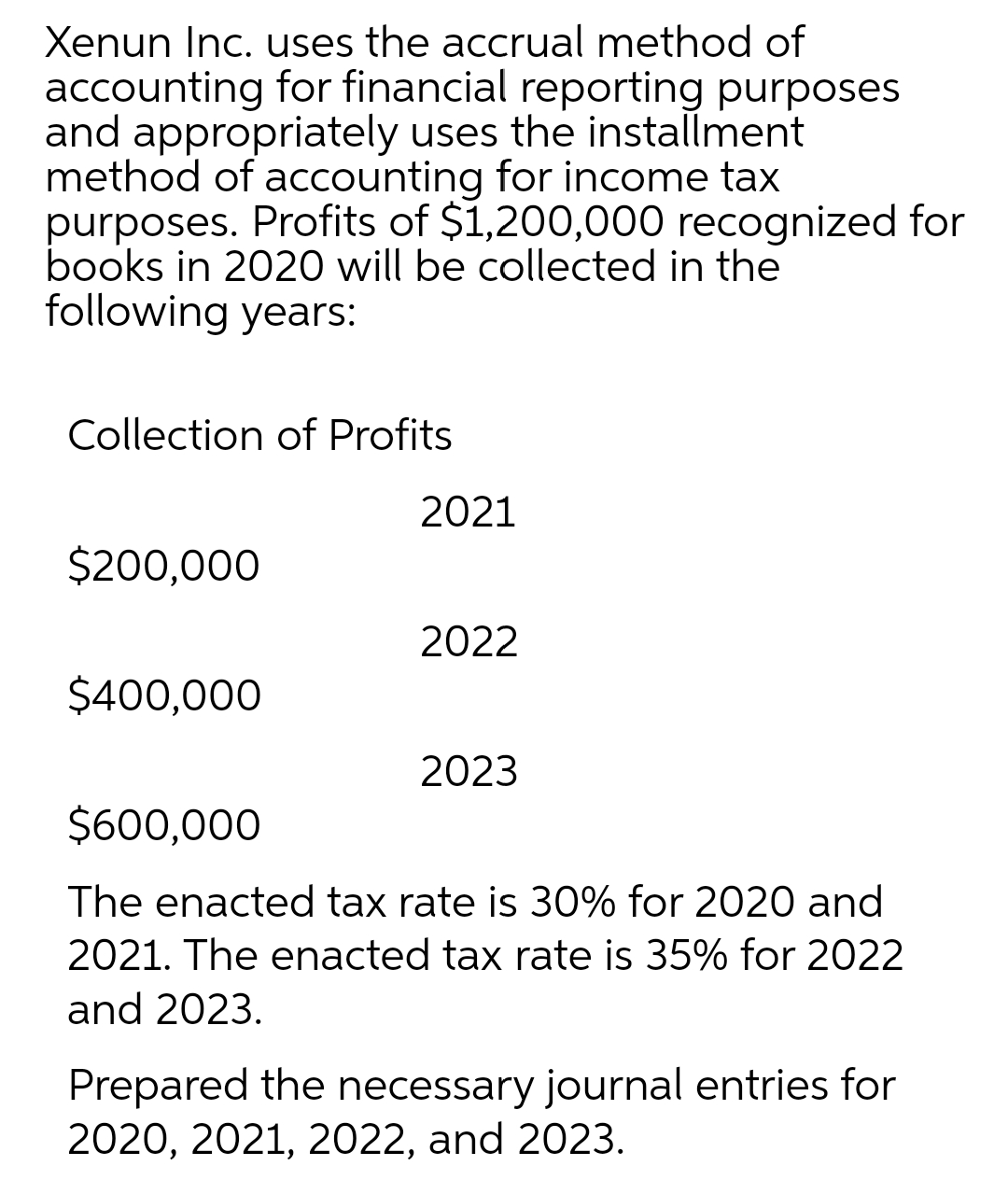 Xenun Inc. uses the accrual method of
accounting for financial reporting purposes
and appropriately uses the installment
method of accounting for income tax
purposes. Profits of $1,200,000 recognized for
books in 2020 will be collected in the
following years:
Collection of Profits
$200,000
$400,000
2021
2022
2023
$600,000
The enacted tax rate is 30% for 2020 and
2021. The enacted tax rate is 35% for 2022
and 2023.
Prepared the necessary journal entries for
2020, 2021, 2022, and 2023.