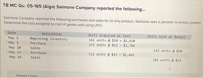 TB MC Qu. 05-165 (Algo) Salmone Company reported the following...
Salmone Company reported the following purchases and sales for its only product. Salmone uses a periodic inventory system
Determine the cost assigned to cost of goods sold using LIFO.
Date
May 1
May 5
May 10
May 15
May 24
Activities
Beginning inventory
Purchase
Sales
Purchase
Sales
Multiple Choice
Units Acquired at Cost
162 units@ $10
$1,620-
232 units@ $12-
$2,784
112 units@ $13= $1,456
Units Sold at Retail
152 units @ $20
102 units @ $21