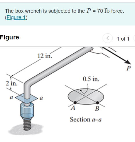 The box wrench is subjected to the P = 70 lb force.
(Figure 1)
Figure
2 in.
12 in.
a
0.5 in.
A
B
Section a-a
<
1 of 1
P