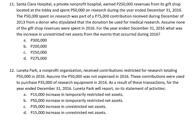 11. Santa Clara Hospital, a private nonprofit hospital, earned P250,000 revenues from its gift shop
located at the lobby and spent P50,000 on research during the year ended December 31, 2016.
The P50,000 spent on research was part of a P75,000 contribution received during December of
2013 from a donor who stipulated that the donation be used for medical research. Assume none
of the gift shop revenues were spent in 2016. For the year ended December 31, 2016 what was
the increase in unrestricted net assets from the events that occurred during 2016?
a. P300,000
b. P200,000
c. P250,000
d. P275,000
12. Luneta Park, a nonprofit organization, received contributions restricted for research totaling
P50,000 in 2016. Assume the P50,000 was not expensed in 2016. These contributions were used
to purchase P35,000 of research equipment in 2016. As a result of these transactions, for the
year ended December 31, 2016. Luneta Park will report, on its statement of activities:
a. P15,000 increase in temporarily restricted net assets.
b. P50,000 increase in temporarily restricted net assets.
c. P35,000 increase in unrestricted net assets.
d. P15,000 increase in unrestricted net assets.
