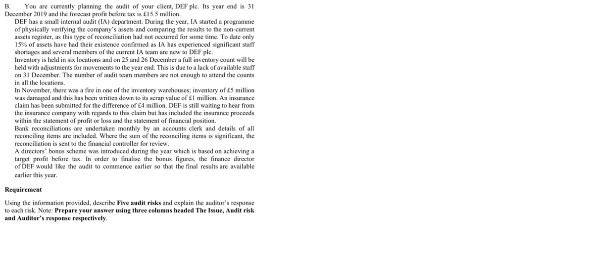 В.
You are currently planning the audit of your client, DEF plc. Its year end is 31
December 2019 and the forecast profit before tax is £15.5 million.
DEF has a small internal audit (IA) department. During the year, IA started a programme
of physically verifying the company's assets and comparing the results to the non-current
assets register, as this type of reconciliation had not occurred for some time. To date only
15% of assets have had their existence confirmed as IA has experienced significant staff
shortages and several members of the current IA team are new to DEF plc.
Inventory is held in six locations and on 25 and 26 December a full inventory count will be
held with adjustments for movements to the year end. This is due to a lack of available staff
on 31 December. The number of audit team members are not enough to attend the counts
in all the locations.
In November, there was a fire in one of the inventory warehouses; inventory of £5 million
was damaged and this has been written down to its scrap value of £1 million. An insurance
claim has been submitted for the difference of £4 million. DEF is still waiting to hear from
the insurance company with regards to this claim but has included the insurance proceeds
within the statement of profit or loss and the statement of financial position.
Bank reconciliations are undertaken monthly by an accounts clerk and details of all
reconciling items are included. Where the sum of the reconciling items is significant, the
reconciliation is sent to the financial controller for review.
A directors' bonus scheme was introduced during the year which is based on achieving a
target profit before tax. In order to finalise the bonus figures, the finance director
of DEF would like the audit to commence earlier so that the final results are available
earlier this year.
Requirement
Using the information provided, describe Five audit risks and explain the auditor's response
to each risk. Note: Prepare your answer using three columns headed The Issue, Audit risk
and Auditor’s response respectively.
