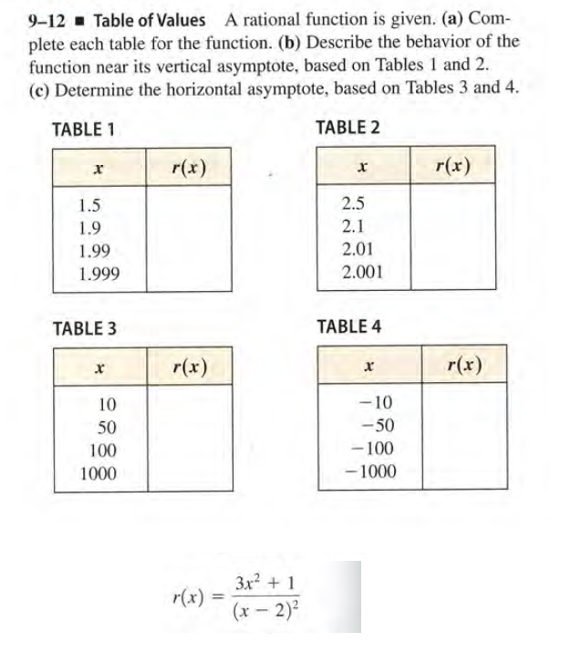 9-12 Table of Values A rational function is given. (a) Com-
plete each table for the function. (b) Describe the behavior of the
function near its vertical asymptote, based on Tables 1 and 2.
(c) Determine the horizontal asymptote, based on Tables 3 and 4.
TABLE 1
TABLE 2
r(x)
r(x)
1.5
2.5
1.9
2.1
2.01
1.99
1.999
2.001
TABLE 3
TABLE 4
r(x)
r(x)
10
-10
50
-50
- 100
- 1000
100
1000
3x + 1
r(x) :
%3D
(x – 2)?
