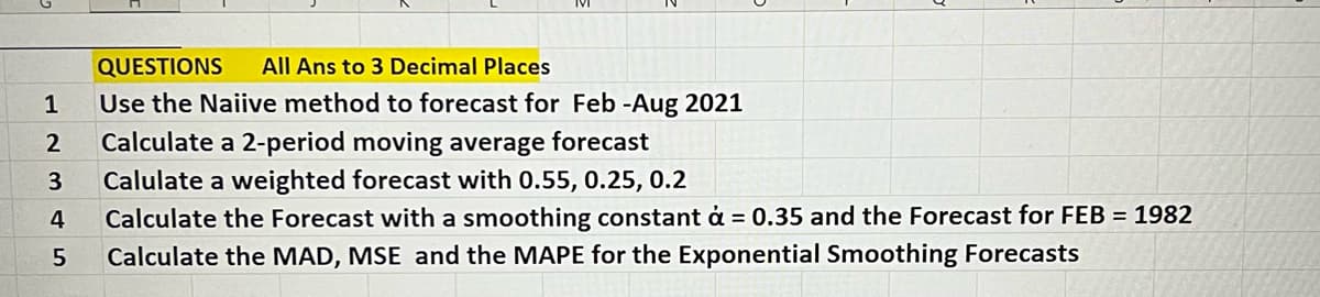 QUESTIONS All Ans to 3 Decimal Places
1
Use the Naiive method to forecast for Feb -Aug 2021
Calculate a 2-period moving average forecast
2
Calulate a weighted forecast with 0.55, 0.25, 0.2
Calculate the Forecast with a smoothing constant à = 0.35 and the Forecast for FEB = 1982
Calculate the MAD, MSE and the MAPE for the Exponential Smoothing Forecasts
345