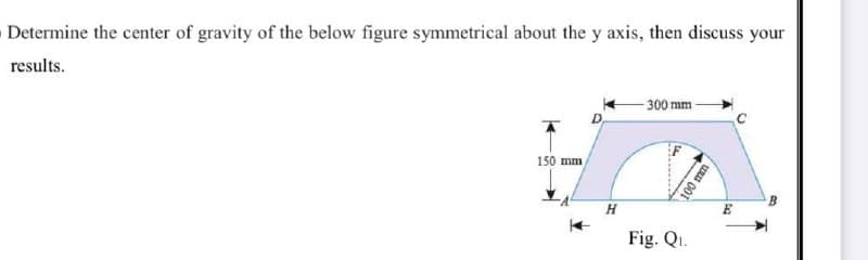 Determine the center of gravity of the below figure symmetrical about the y axis, then discuss your
results.
- 300 mm -
150 mm
H
Fig. Qi.
100 mm
