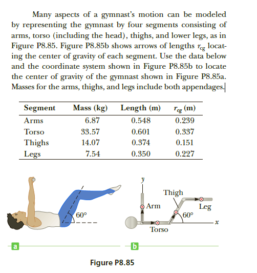 Many aspects of a gymnast's motion can be modeled
by representing the gymnast by four segments consisting of
arms, torso (including the head), thighs, and lower legs, as in
Figure P8.85. Figure P8.85b shows arrows of lengths reg locat-
ing the center of gravity of each segment. Use the data below
and the coordinate system shown in Figure P8.85b to locate
the center of gravity of the gymnast shown in Figure P8.85a.
Masses for the arms, thighs, and legs include both appendages.
Mass (kg)
"eg (m)
0.239
Segment
Length (m)
6.87
Arms
0.548
0.337
33.57
Torso
0.601
14.07
0.374
Thighs
0.151
0.227
7.54
Legs
0.350
Thigh
O Arm
Leg
60°
60°
Torso
Figure P8.85
