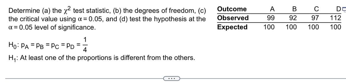 Outcome
A
В
C
DE
Determine (a) the x2 test statistic, (b) the degrees of freedom, (c)
the critical value using a = 0.05, and (d) test the hypothesis at the
a = 0.05 level of significance.
Observed
99
92
97
112
Expected
100
100
100
100
1
Ho: PA = PB = Pc = PD
%3D
4
H,: At least one of the proportions is different from the others.
