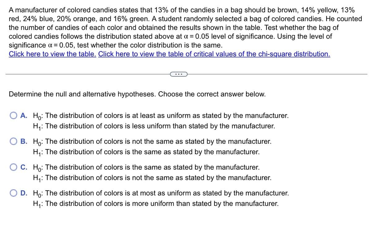 A manufacturer of colored candies states that 13% of the candies in a bag should be brown, 14% yellow, 13%
red, 24% blue, 20% orange, and 16% green. A student randomly selected a bag of colored candies. He counted
the number of candies of each color and obtained the results shown in the table. Test whether the bag of
colored candies follows the distribution stated above at a = 0.05 level of significance. Using the level of
significance a = 0.05, test whether the color distribution is the same.
Click here to view the table. Click here to view the table of critical values of the chi-square distribution.
Determine the null and alternative hypotheses. Choose the correct answer below.
O A. Ho: The distribution of colors is at least as uniform as stated by the manufacturer.
H,: The distribution of colors is less uniform than stated by the manufacturer.
B. Ho: The distribution of colors is not the same as stated by the manufacturer.
H,: The distribution of colors is the same as stated by the manufacturer.
O C. Ho: The distribution of colors is the same as stated by the manufacturer.
H,: The distribution of colors is not the same as stated by the manufacturer.
O D. Ho: The distribution of colors is at most as uniform as stated by the manufacturer.
H,: The distribution of colors is more uniform than stated by the manufacturer.
