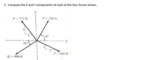 2. Compute the X and Y components of each of the four forces shown.
200
35
448 I
Q-400 ib
