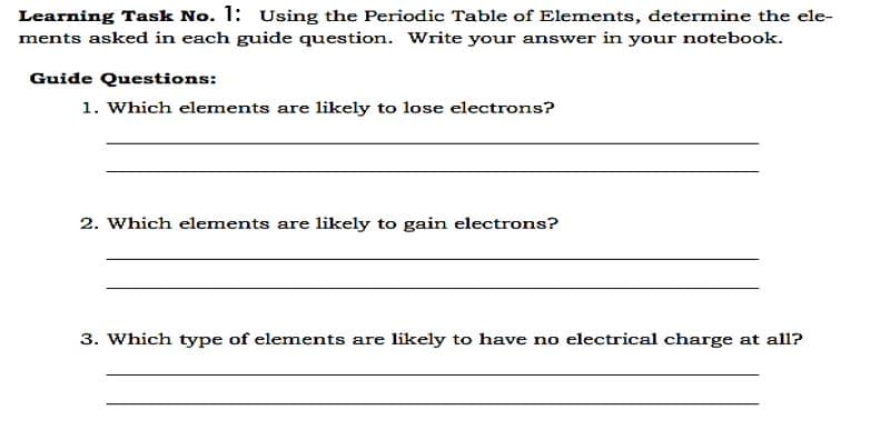 Learning Task No. 1: Using the Periodic Table of Elements, determine the ele-
ments asked in each guide question. Write your answer in your notebook.
Guide Questions:
1. Which elements are likely to lose electrons?
2. Which elements are likely to gain electrons?
3. Which type of elements are likely to have no electrical charge at all?
