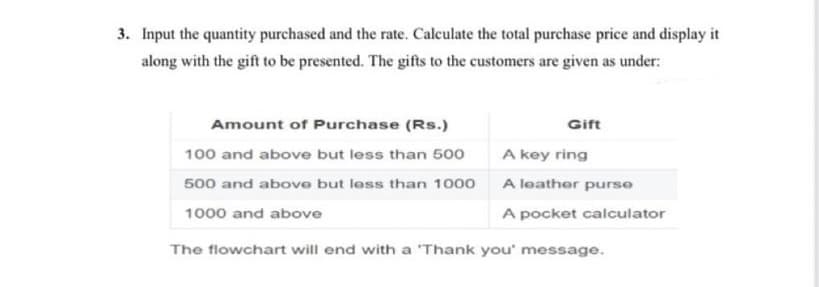 3. Input the quantity purchased and the rate. Calculate the total purchase price and display it
along with the gift to be presented. The gifts to the customers are given as under:
Amount of Purchase (Rs.)
Gift
100 and above but less than 500
A key ring
500 and above but less than 1000
A leather purse
1000 and above
A pocket calculator
The flowchart will end with a 'Thank you' message.
